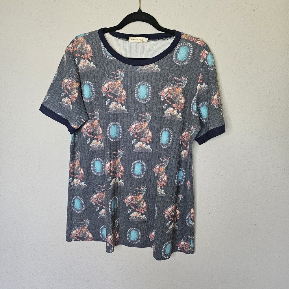 Southern Stitch Womens Bronco Rider Turquoise Ringer Tee Shirt Grey Large L
